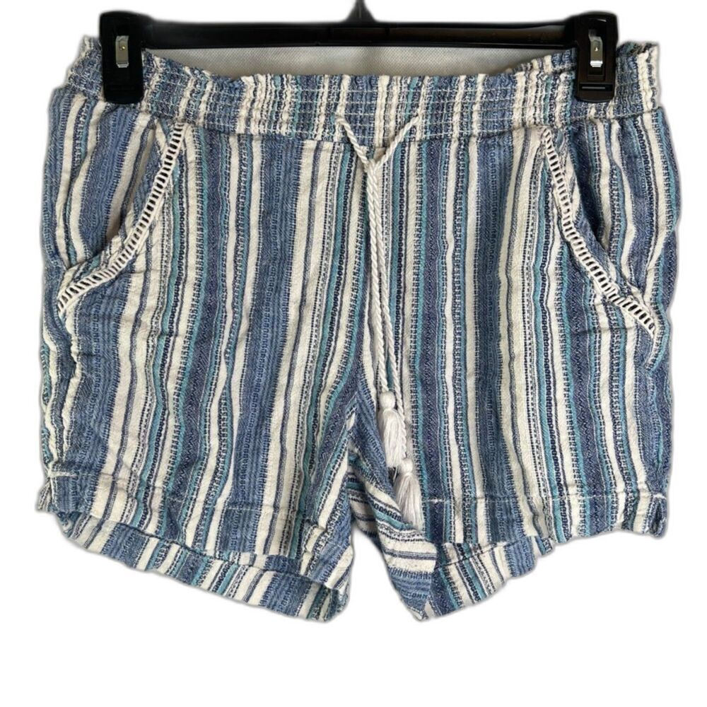 Briggs Linen Blend Blue White Vertical Striped Pull On Drawstring Shorts Sz MD